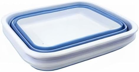 Collapsible Tub - Portable Outdoor Picnic Tray - Portable Washing Basin - Space Saving Plastic Washtub (White/Baby Blue (Set of 2))