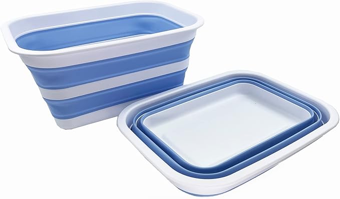 Collapsible Tub - Portable Outdoor Picnic Tray - Portable Washing Basin - Space Saving Plastic Washtub (White/Baby Blue (Set of 2))