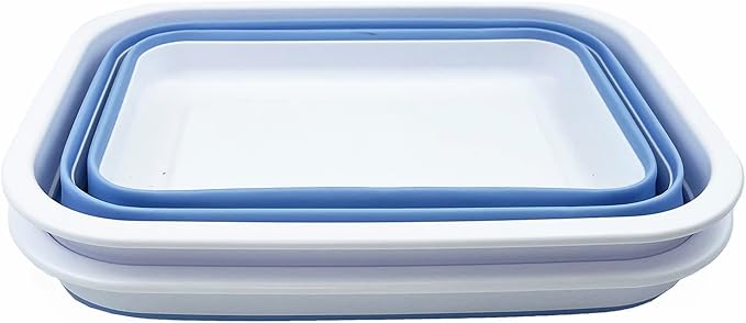 Collapsible Tub - Portable Outdoor Picnic Tray - Portable Washing Basin - Space Saving Plastic Washtub (White/Baby Blue (Set of 2))