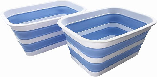 Collapsible Tub - Portable Outdoor Picnic Tray - Portable Washing Basin - Space Saving Plastic Washtub (White/Baby Blue (Set of 2))