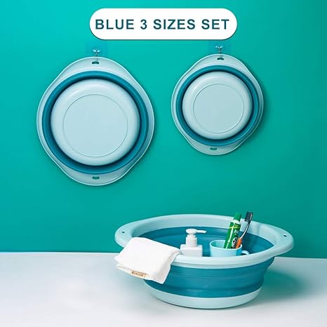 3-Pack Collapsible Wash Basin Set, Baby Kids Wash Basin Dish Tub for Travel Home, 3 Different Sizes Set Space Saving Blue