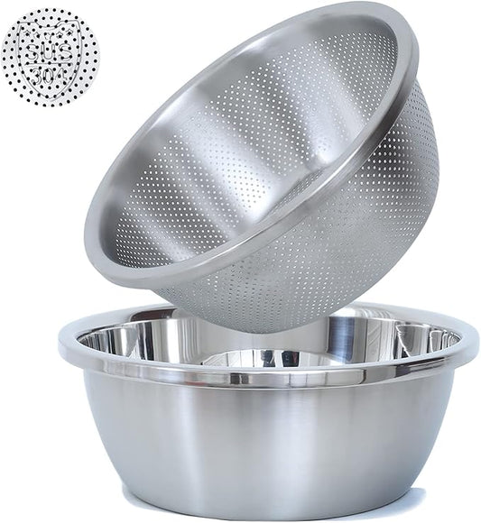 304 Stainless Steel Microporous Colander, 1.5QT Large Capacity with Mixing Bowl For washing vegetables, fruit and rice and for draining cooked pasta(2PC)