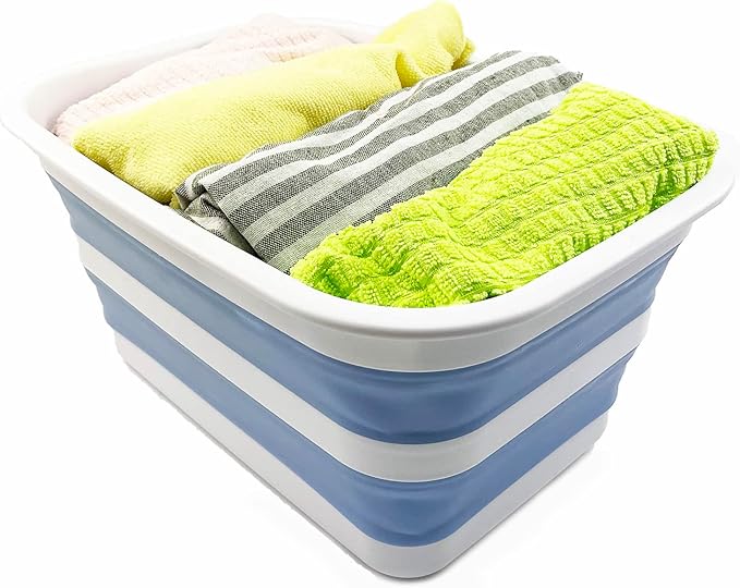 Collapsible Tub - Portable Outdoor Picnic Tray - Portable Washing Basin - Space Saving Plastic Washtub (White/Baby Blue (Set of 2))